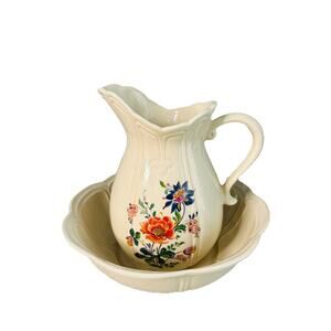 McCoy White Ironstone Pitcher Bowl # 7529 Ribbed & Flower Design Vintage USA